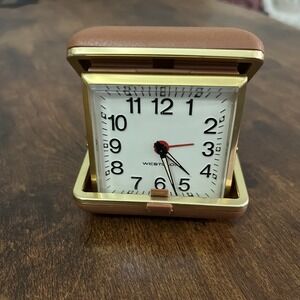 Westclox Vintage Travel Alarm Clock Tan Hard Case Mechanical Wind AS-IS